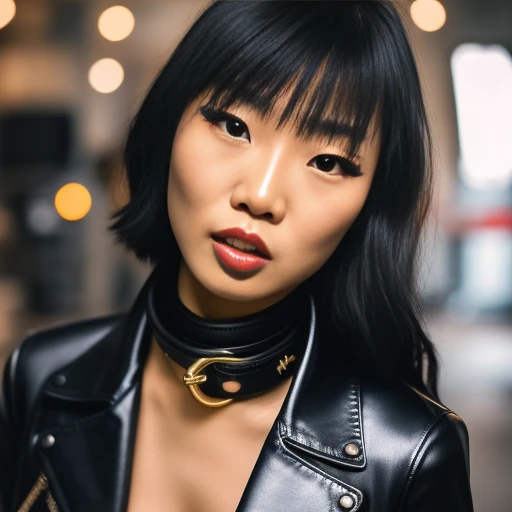 RAW photo of a sexy 25y.o. slim asian woman collared, mechanical buckle, wearing fancy clothes, scared facial expression, (bratty pose), industrial scene, sweaty, modelshoot style, Fujifilm XT3, DSLR, film grain, bokeh, high quality, (high detail skin:1.2) <lora:collared:1>