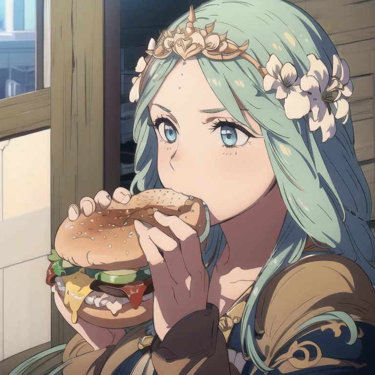 masterpiece,ultra high quality cg, woman, rhea, headdress, hair ornament, hair flowers, blue cape, white dress, two-handed burger, holding a huge burger with both hands, eating