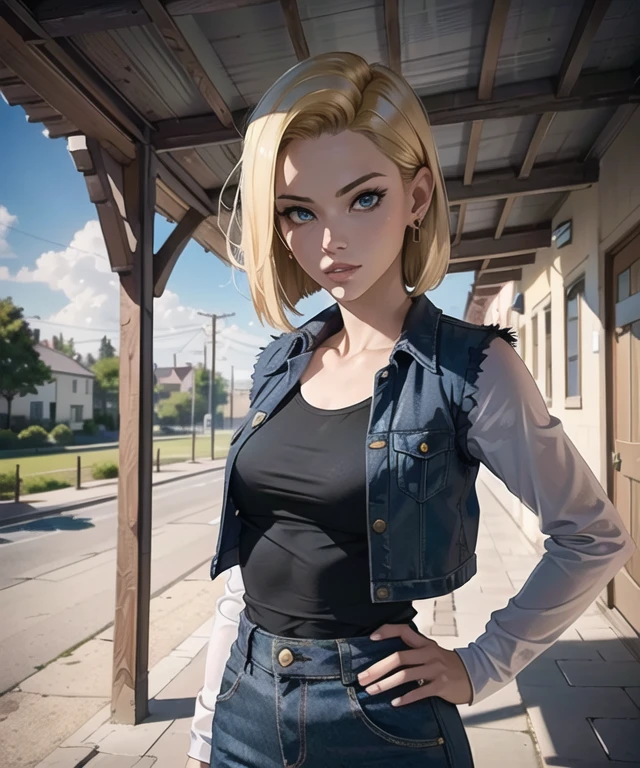 (masterpiece), (high quality), woman in her 20s, android_18, (perfect face), defined jawline, beautiful lips, (short blonde straight bob cut hair), (beautiful bright blue eyes), (perfect anatomy), athletic body, (sexy, muscular), (perfect hands), (hands on waist), small simple gold earrings, (black shirt under blue denim vest), long white sleeves, (black pants), (looking at viewer), (medium shot photograph), countryside village background, (trending on ArtStation, trending on CGSociety), (by Artgerm), (by Beln Ortega), (by Dan Mora), (by Terry Dodson), octane render, unreal engine, modelshoot style, realistic, <lora:android1818DragonBall_v1:0.5>