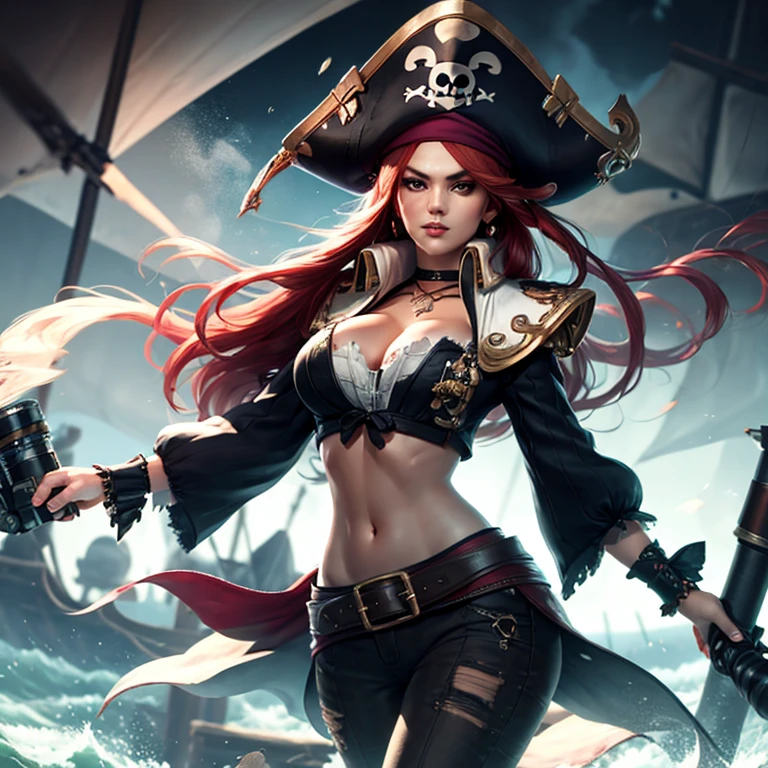 Girl in pirate costume flying in the air, League of Legends style art, doom league of legends, League of Legends art style, Character ink art, class, doom, Digital Concept Art, Game concept art, More's art style, Character Art Close-up, Illustration Concept Art