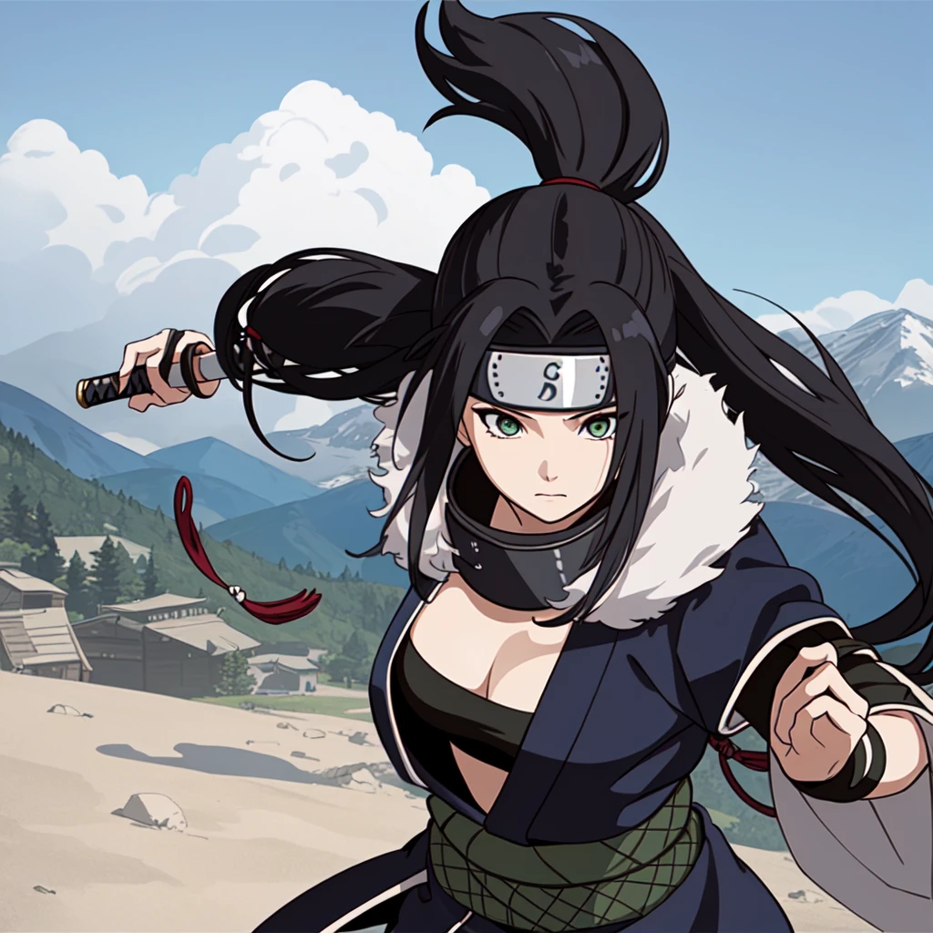 best quality, extremely detailed, 1girl, shinobi, kunoichi, shinobi, ninja, female focus, battle stance, battle pose, holding, sword, katana, (dynamic angle, dynamic composition) black_hair, extremely long hair, ponytail, green_eyes, grey short coat with fur collar, fishnet undergarments, black crop top, ((forehead protector)), ((village)), surrounded by mountains, blue sky, clouds <lora:KM_NarutoS-V2:0.9>