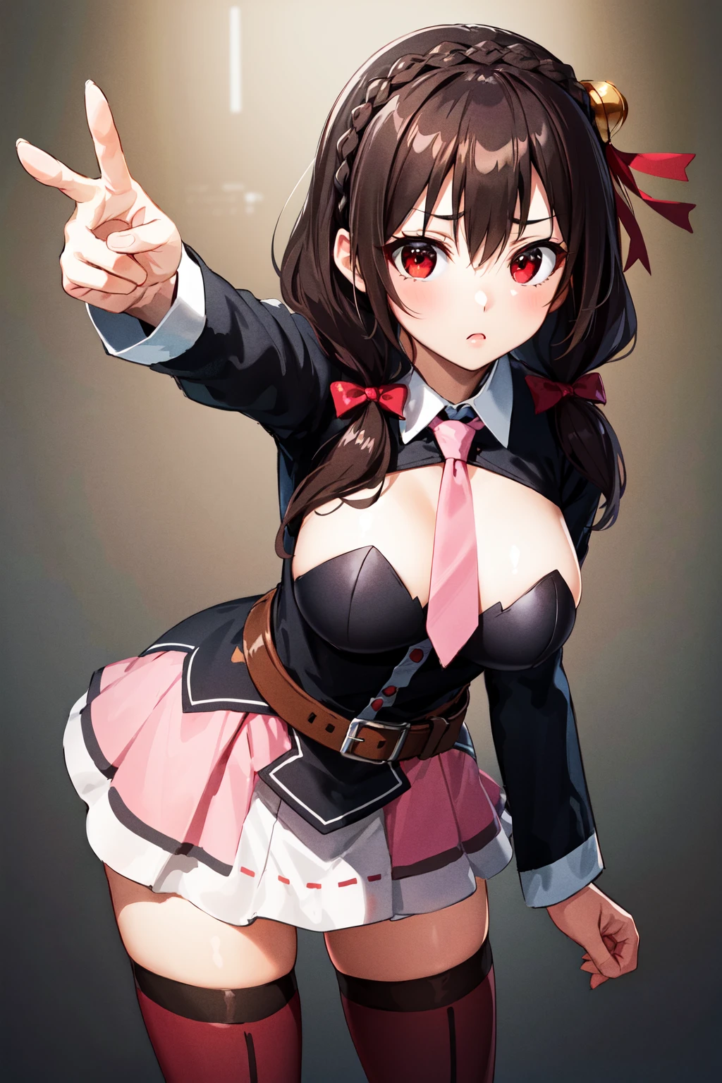 masterpiece, best quality, highres, yunyun1, 1girl, red eyes, solo, thighhighs, necktie, skirt, braid, long hair, pink necktie, large breasts, belt, hair ornament, black hair, hair bow, crown braid, long sleeves, brown hair, twintails, <lora:yunyun_v1:0.6>, frown, pointing, leaning forward, looking at viewer,