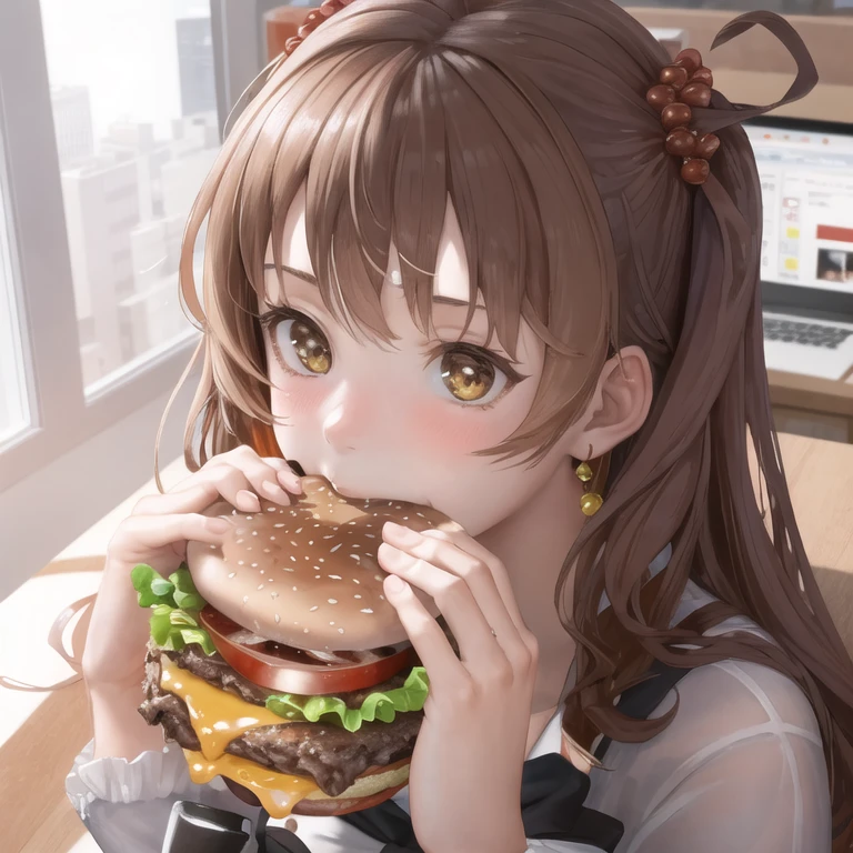 masterpiece,ultra high quality cg, 1girl, brown hair, two-handed burger, holding a huge burger with both hands, eating, close-up