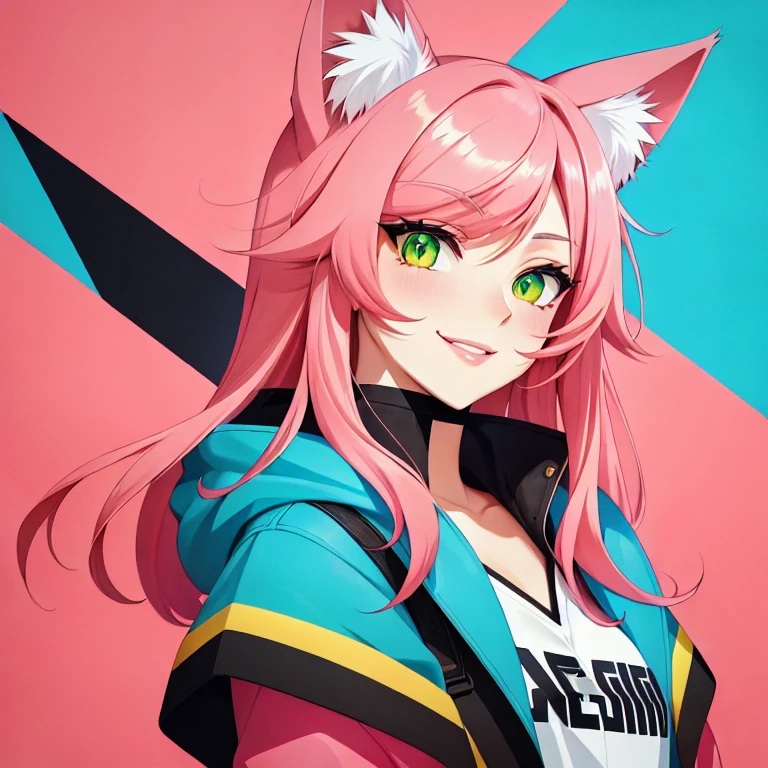 cat  ears, profile, deformed background, flat color, solo, close-up (mature) face, illustration, many layers, limited tone, isometric, dribbble style illustration, vivid pink hair, clear eyes, colored_skin, green_hair, jacket, long_hair, looking_at_viewer, parted_lips, smile, solo<lora:LORA1024CV1024xrikishisUnstable_alpha50:1>