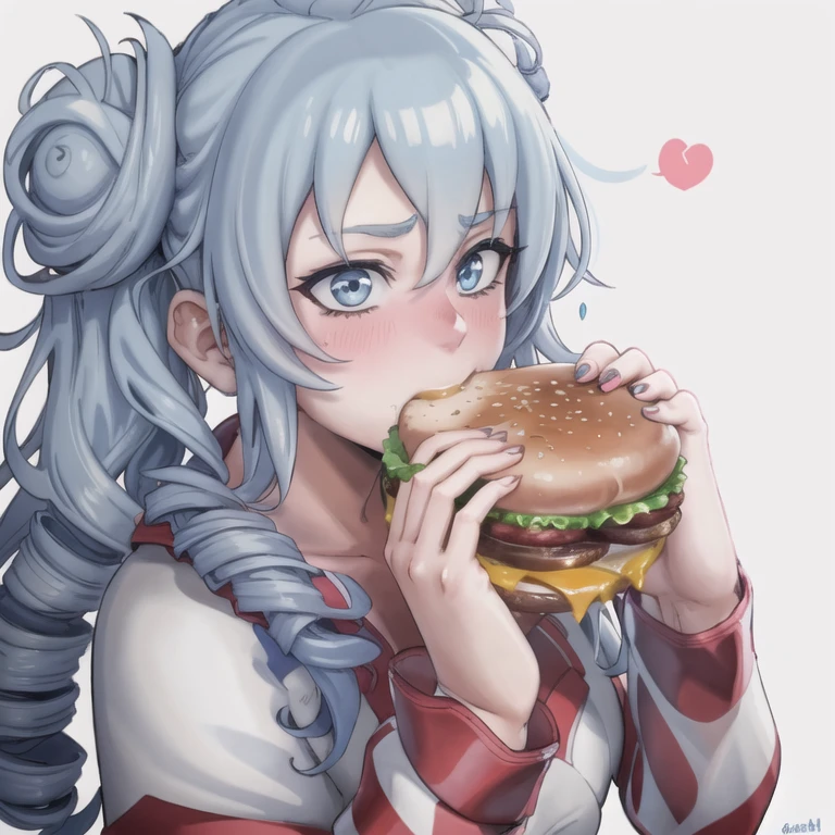 masterpiece,ultra high quality cg, 1girl, double buns, blue hair, two-handed burger, holding a huge burger with both hands, eating, close-up