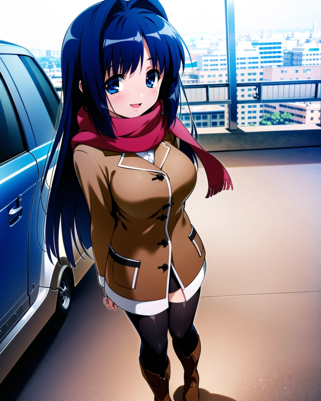 ((masterpiece)), ((best quality)), ((highres)), ((extremely detailed CG unity 8k wallpaper)), solo, medium breasts, <lora:minase nayuki:1>, minase nayuki, brown winter coat, scarf, smile, black stockings, brown boots, city