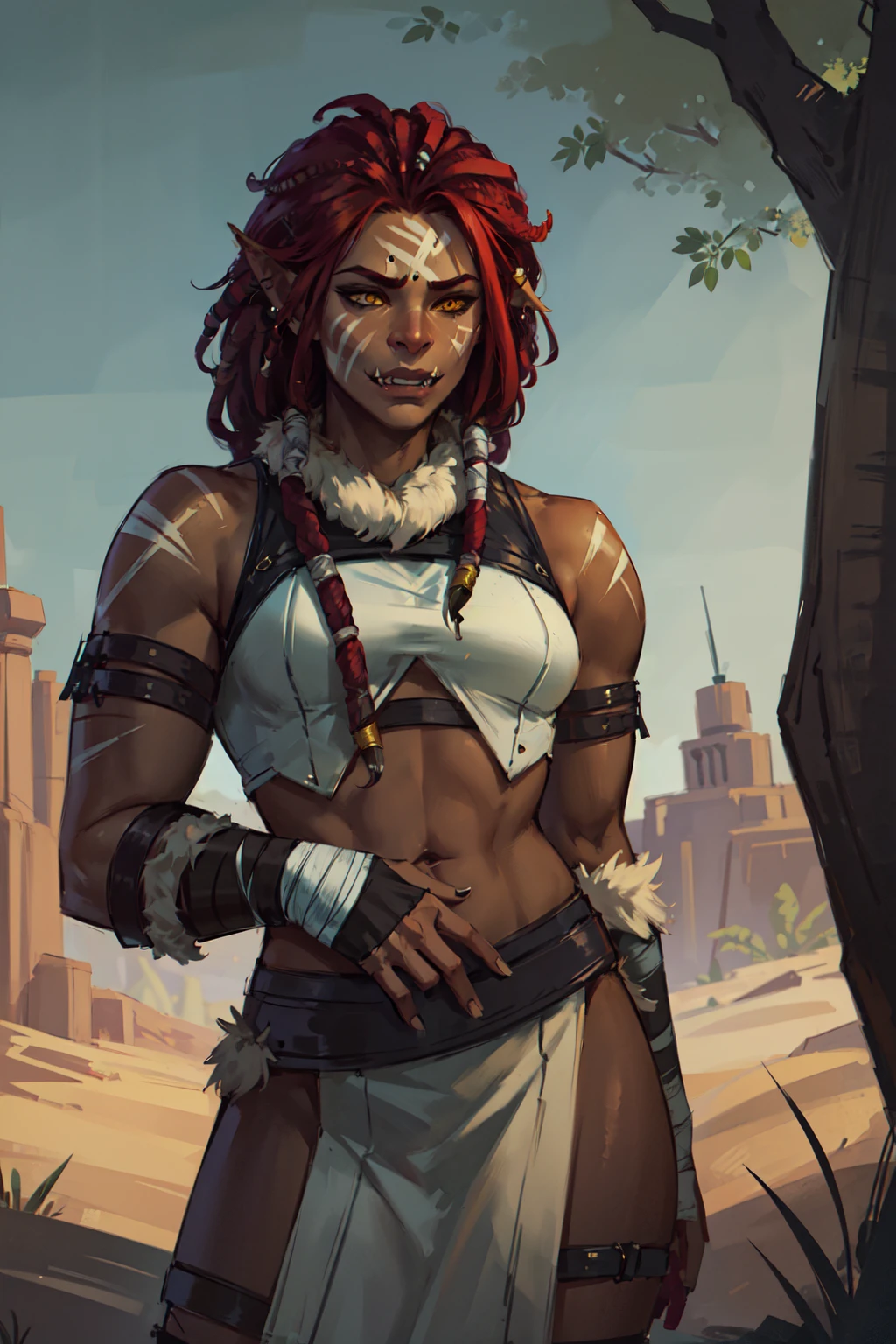 1girl, beautiful shewoworc, fangs out, tusks, dark skin, dark-skinned female, facepaint, white armor, bandages, pauldrons, fur trim, red hair, dreadlocks, yellow eyes, desert, tree, grass, volumetric lighting, best quality, masterpiece <lora:sxz-orcs:0.7>