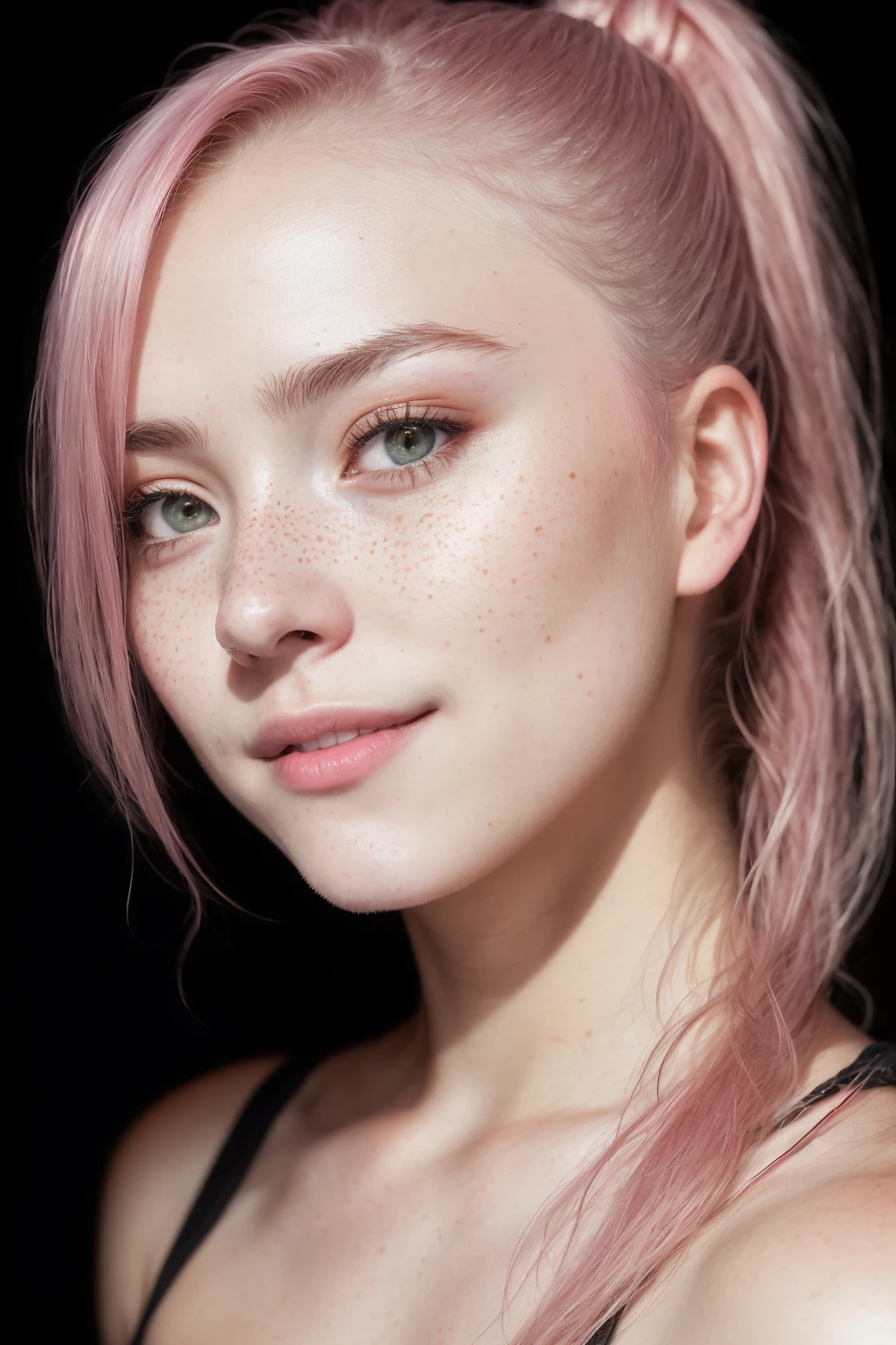(RAW photo) night scene, close up photo of a sexy girl, posing, looking at viewer, smiling, pink hair in a ponytail, (green eyes:0.8), cute young face, 18 yo, soft volumetric lights, soft key and fill lighting, (backlit:1.3), (cinematic:1.3), intricate details, (ArtStation:1.2), skin blemishes, (freckles:0.9), detailed eyes, micro details, FUJI XT3, photorealistic, photorealism