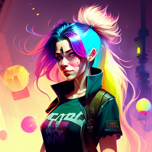 dreamlikeart, a grungy woman with rainbow hair, travelling between dimensions, dynamic pose, happy, soft eyes and narrow chin, extreme bokeh, dainty figure, long hair straight down, torn kawaii shirt and baggy jeans, In style of by Jordan Grimmer and greg rutkowski, crisp lines and color, complex background, particles, lines, wind, concept art, sharp focus, vivid colors