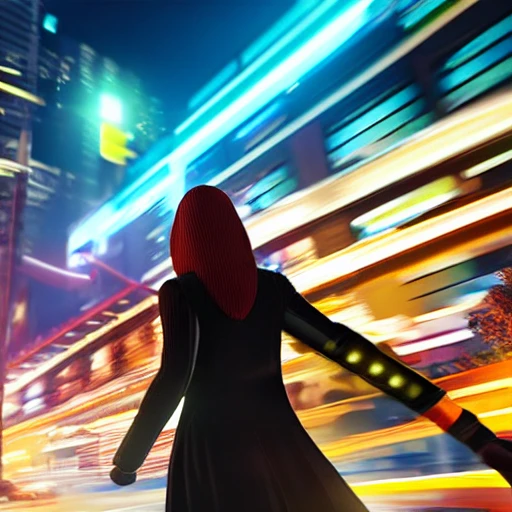 Close up image of 2 subjects, 1girl with auburn colored hair, wearing long sleeve white dress with hood, (running towards camera), (woman looks scared), frightened, running for her life, running away from man wearing armor, getting grabbed by man, down a dirty city alley, futuristic city at (night:1.4), blue and yellow neon signs, chase scene, action scene, thick outlines, comic book style, dynamic camera angle, realistic skin, realistic hands, perfect hands, action lines, motion blur background