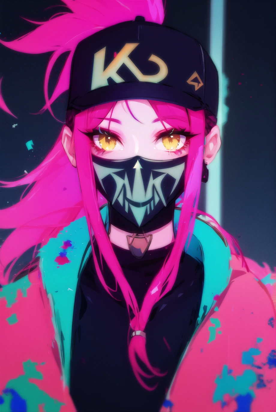 1girl, akali, baseball cap, black choker, choker, hat, jacket, k/da \(league of legends\), long hair, looking at viewer, makeup, mask, mouth mask, paint splatter, pink hair, ponytail, portrait, purple hair, solo, yellow eyes