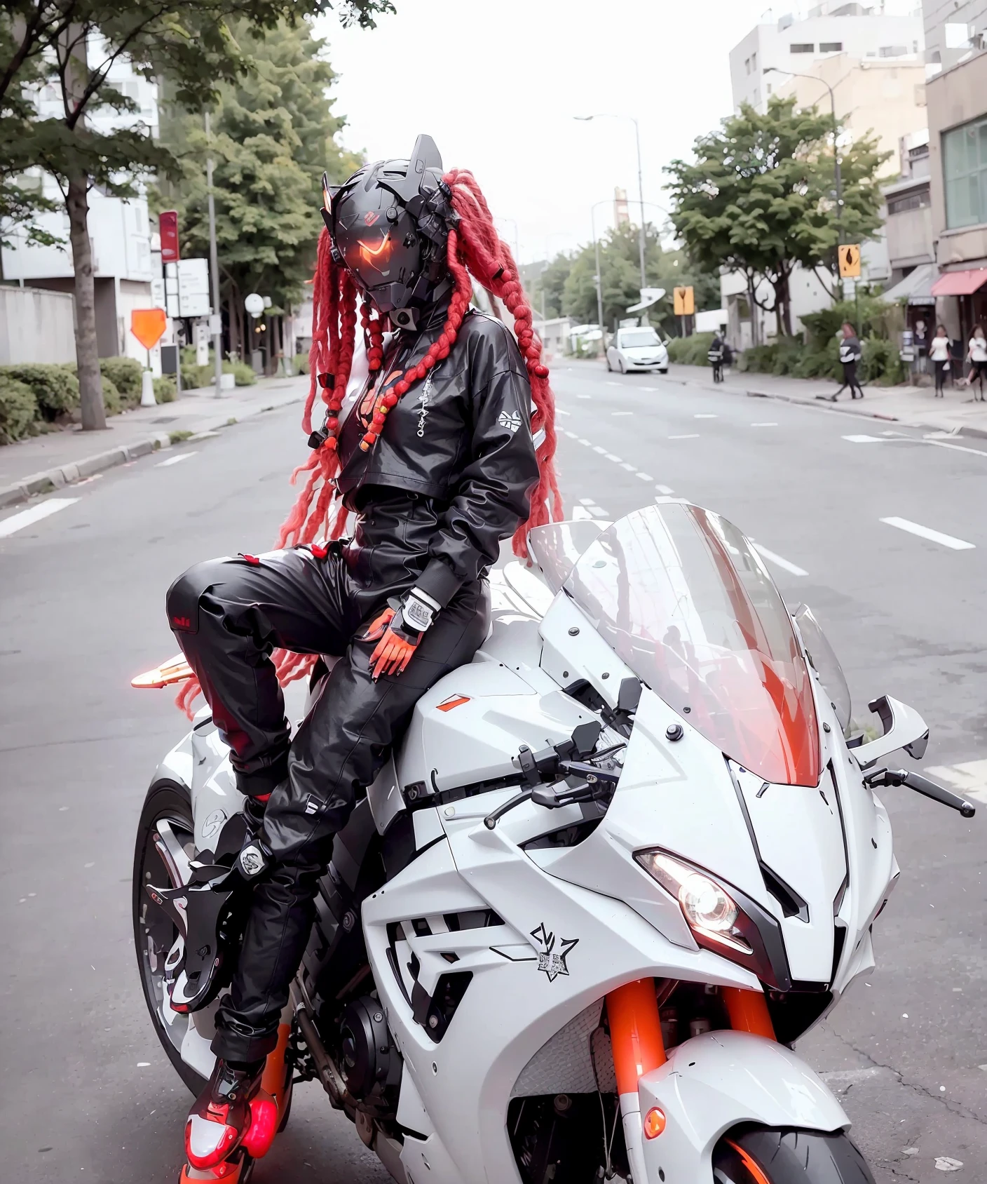 closed - up, (a cyborg in cyberhelmet head with dreadlocks a glowing light on it, wearing a black jacket and red trousers), (sitting on a white yhmotorbike on the street), legs outstretched, feet on the ground,posing for a picture, long leg, front view, night, very detailed <lora:yhmotorbikev0.9-000001:0.7> <lora:cyberhelmetv0.2:0.7>