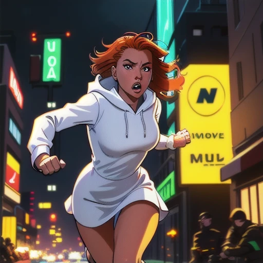 Close up image of 2 subjects, 1girl with auburn colored hair, wearing long sleeve white dress with hood, (running towards camera), (woman looks scared), frightened, running for her life, running away from man wearing armor, getting grabbed by man, down a dirty city alley, futuristic city at (night:1.4), blue and yellow neon signs, chase scene, action scene, thick outlines, comic book style, dynamic camera angle, realistic skin, realistic hands, perfect hands, action lines, motion blur background