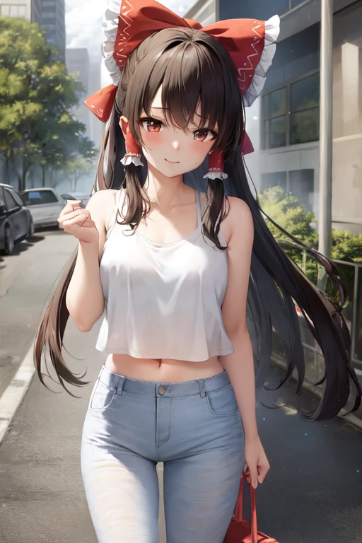 masterpiece, best quality, absurdres, cinematic lighting,Hakurei Reimu, 1girl, solo, blush, smile, white tank-top, pants, denim, outdoors, city, street, modern