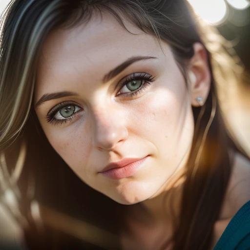 Bokeh, raw, ((streaked sunlight over face)), close portrait, (extreme skin details), skinny (30yo Scottish woman), ultra realistic, rule of thirds, dramatic overhead lighting, detailed face, cute, shallow depth of field, intricate details, god rays, light leaks