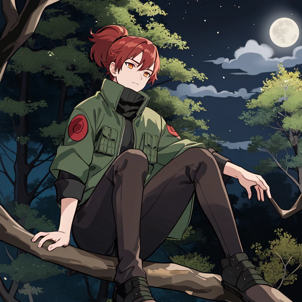 1boy, ninja, shinobi,

((sitting perched on a tree branch high up in the trees of a forest at night)), full of trees, mountains in the background,  fog, night sky, full moon, 

(long hair, high ponytail, red_hair, orange_eyes, bangs)

(black pants and army green flak jacket, black cloak, open-toe shoes)

rocky terrain, grass, forest floor, bushes, 

dynamic composition, dynamic angle, from below, camera looking up at subject,  masterpiece, medium close up, <lora:KM_NarutoS-V2:0.9>