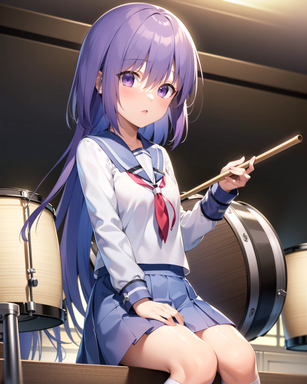((masterpiece)), ((best quality)), ((highres)), ((extremely detailed CG unity 8k wallpaper)), solo, (sitting at a drum set), <lora:irie miyuki:1>, irie miyuki, white school uniform, lavender skirt, white socks,