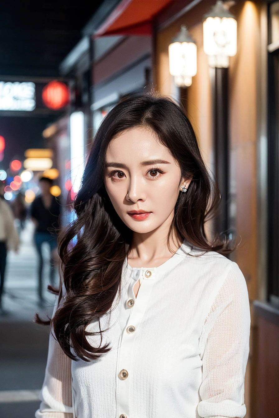 (yangmi), 1girl, standing in the street at night, extremely detailed face, upper body,