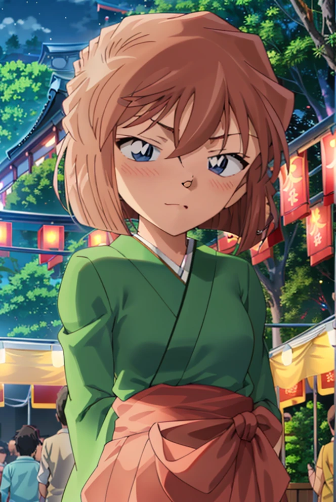 haibaratv,1girl,anime screencap,brown hair,short hair,medium breasts,(japanese clothes:1.4),(Festival:1.3),night,fireworks,embarrassed, (nose blush:1.3),arms behind back, 

<lora:haibaratv:0.8>