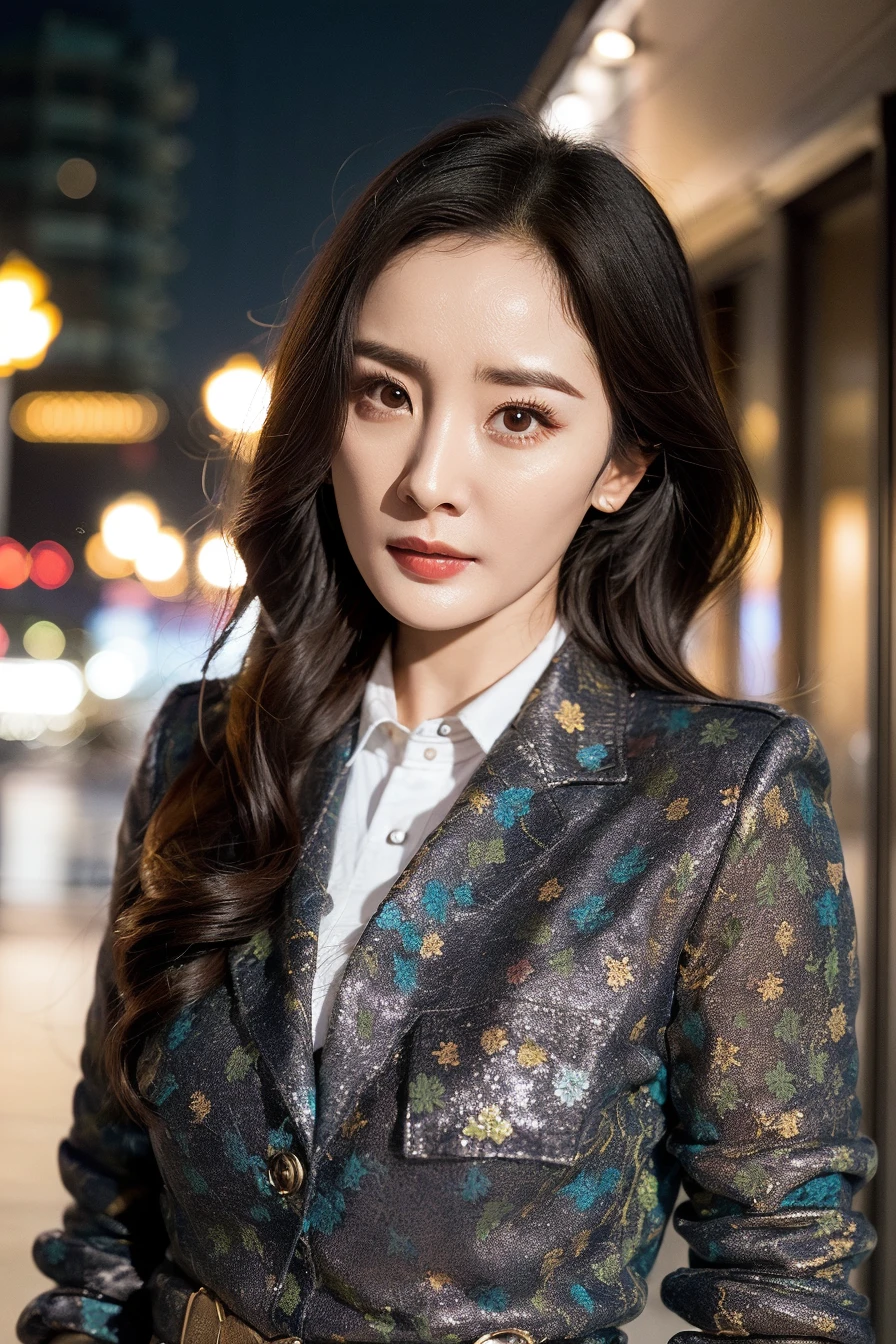 (yangmi), 1girl, standing in the street at night, extremely detailed face, upper body, military uniform,