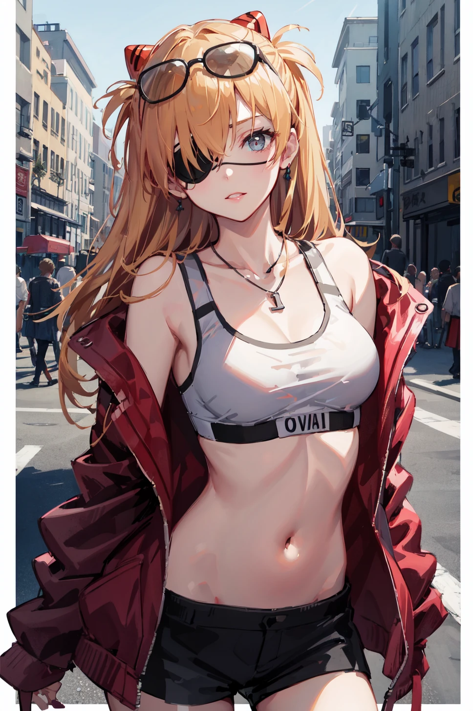 masterpiece, best quality, 8K,wall paper,photorealistic, outdoors, beautiful lighting, cinematic lighting, wall, simple background, street, day, sunlight, in public, crowds, poster, fashion,Lipstick
1girl,solo, head tilted, looking at viewer, glossy skin, contrapposto, medium breasts, navel, midriff, necklace, female focus,short shorts,v pose,model,
Eye Patch,blonde hair, souryuu asuka langley,red jacket, cool,white sports bra, eyewear on head,white shirt, balck cup,white bra, <lora:evaAsuka_v10:0.5:CHAR>,