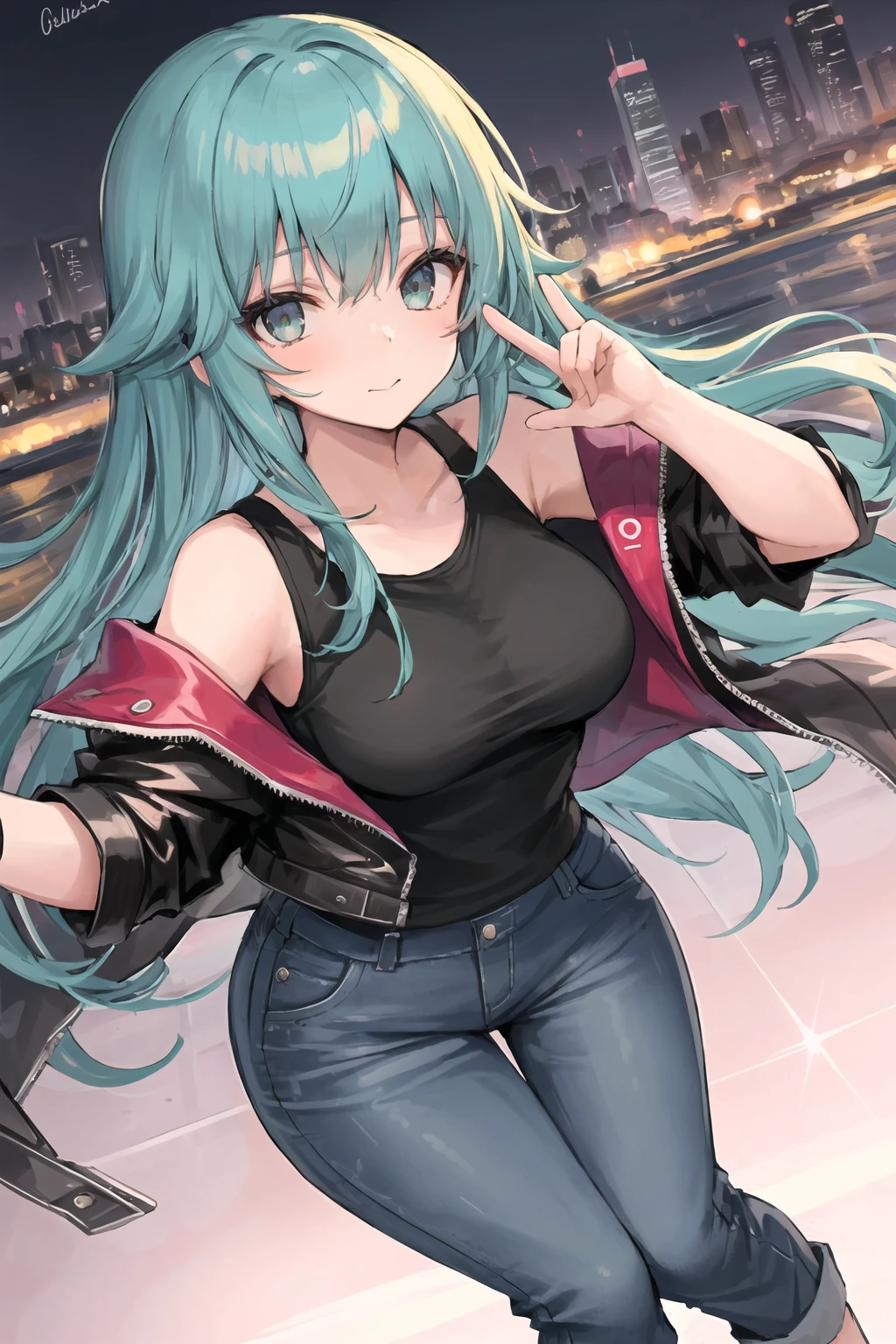 1girl, solo, detailed holographic rainbow eyes, red and green hair, leather jacket, wearing a tshirt, wearing jeans, medium breasts, voluptuous, dynamic angle, looking at viewer, futuristic, citypunk:.5, cyberpunk:1.5,
