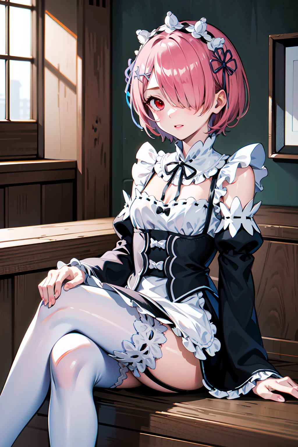 masterpiece, best quality, highres, ram1, 1girl, solo, ram \(re:zero\), pink hair, white thighhighs, short hair, red eyes, hair over one eye, ribbon trim, hair ribbon, x hair ornament, frills, maid headdress, waist apron, garter straps, black ribbon, small breasts, long sleeves, white apron, neck ribbon, purple ribbon, wide sleeves, hair flower, <lora:ram_rezero_v1:0.6>, indoors, sitting, crossed legs,