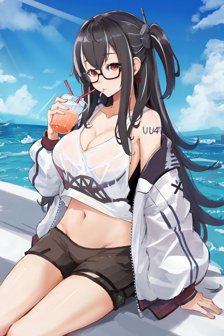 <lora:U47v2.0:0.8>,u47\(azur lane\),glasses, shorts, jacket, cleavage, navel, collarbone, one_side_up, off_shoulder,crop_top, outdoors,drinking,, masterpiece, best quality,