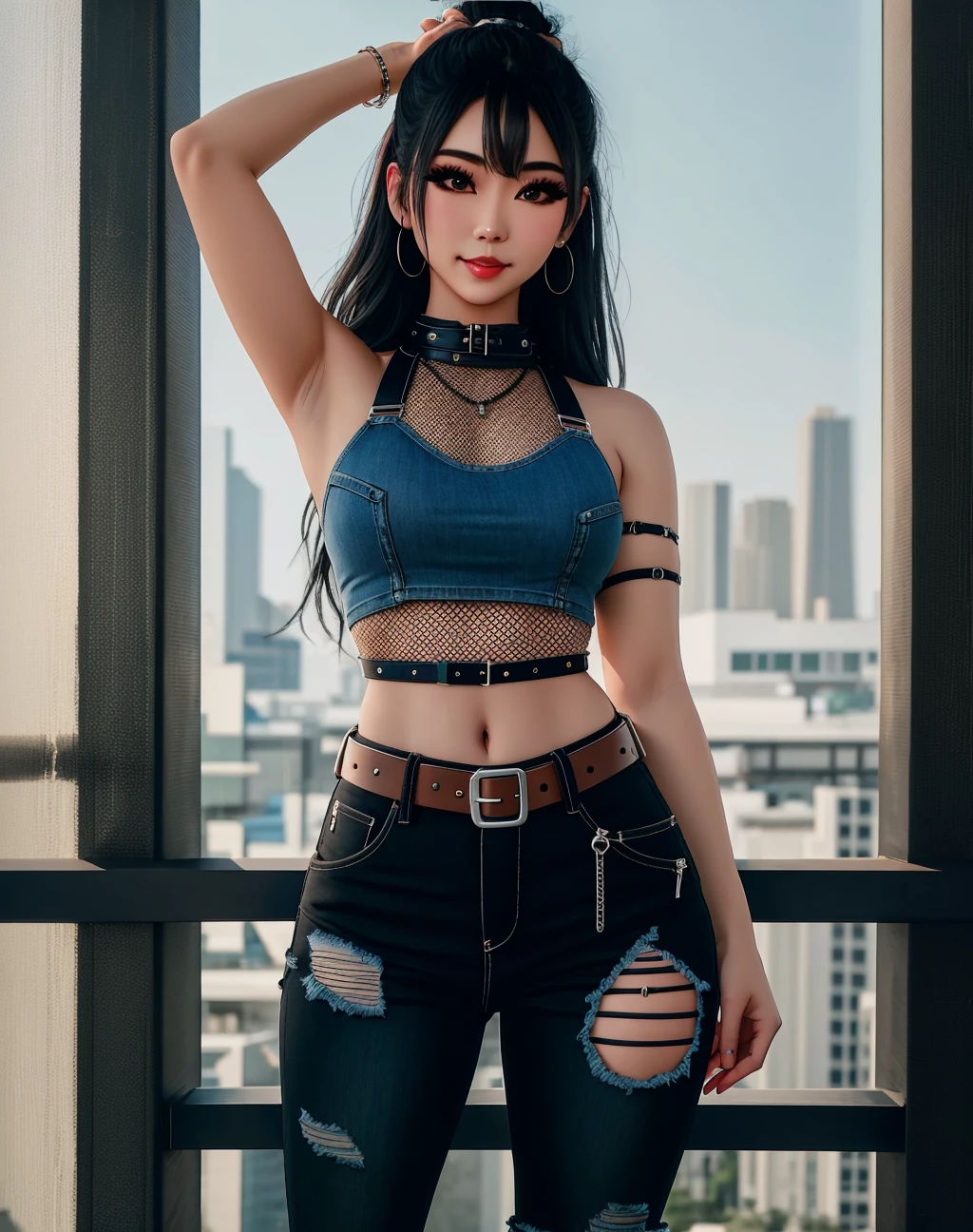 Masterpiece,8k, perfect face highly detailed,HDR, ultra realistic photoshoot, absurdres,award winning photo, extremely detailed, amazing, fine detail, smiling, excited, fit woman, tiny waist,egirl makeup, thepit bimbo, glossy,
<lora:Asian_Urban_Gal:0.756>, Urban_Gal, a woman with black hair and a ((black fishnet outfit)) , asian woman wearing Urban_Gal, tank top, denim oversized jeans,buckle belt, multiple straps,
modelshoot