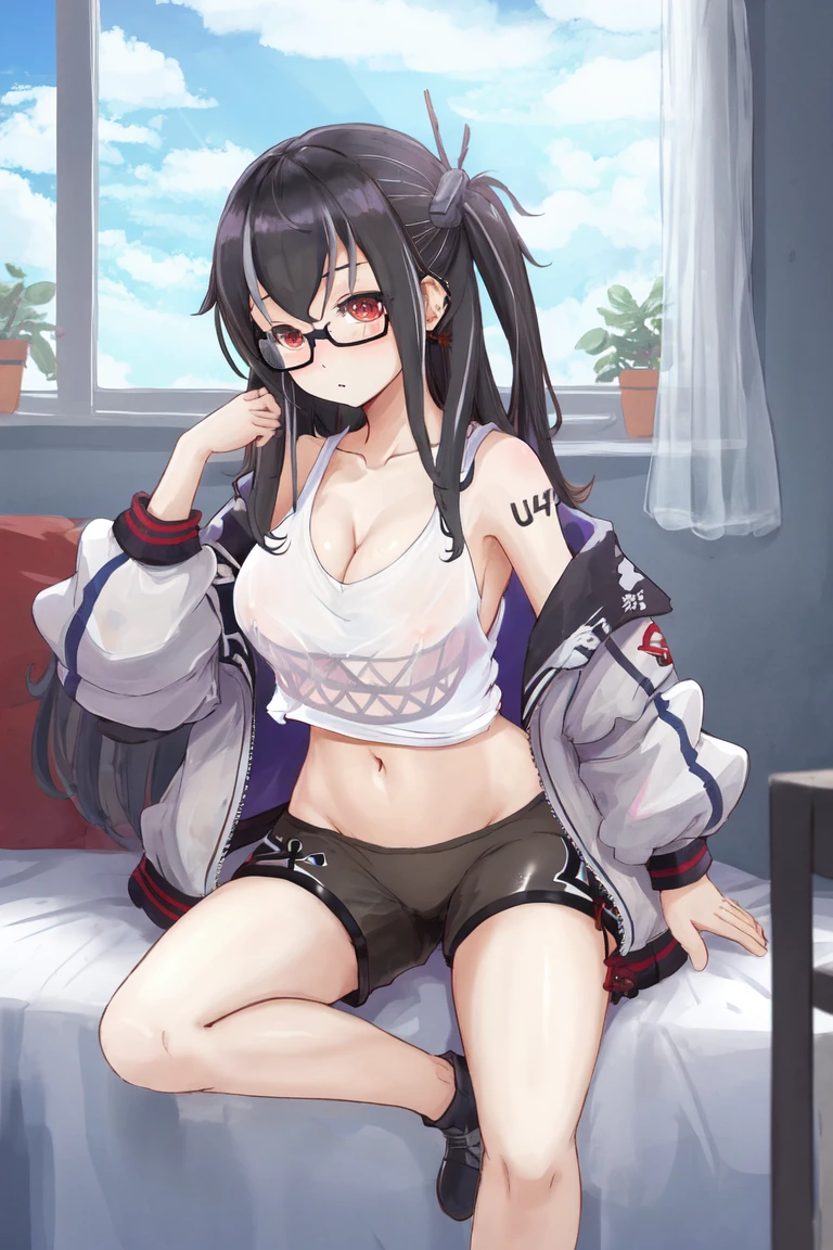 <lora:U47v2.0:0.8>,u47\(azur lane\),glasses,  shorts, jacket, cleavage, navel,  collarbone, one_side_up, off_shoulder,crop_top, indoors,, masterpiece, best quality,