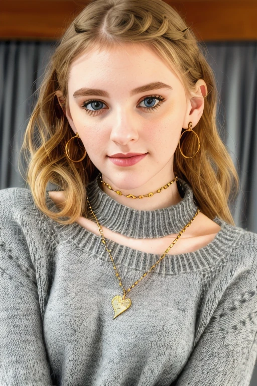 (close up:1.2) of an adorable young woman <lora:m3l0dym4rks_dreambooth:1>, in a stunning gray knitted sweater, gold necklace, gold neck choker, winter paradise, highly detailed face, RAW, 8K, UHD, natural lighting, [adorable smile:1.2], stunning eyes, short blonde hair, natural skin, pale skin