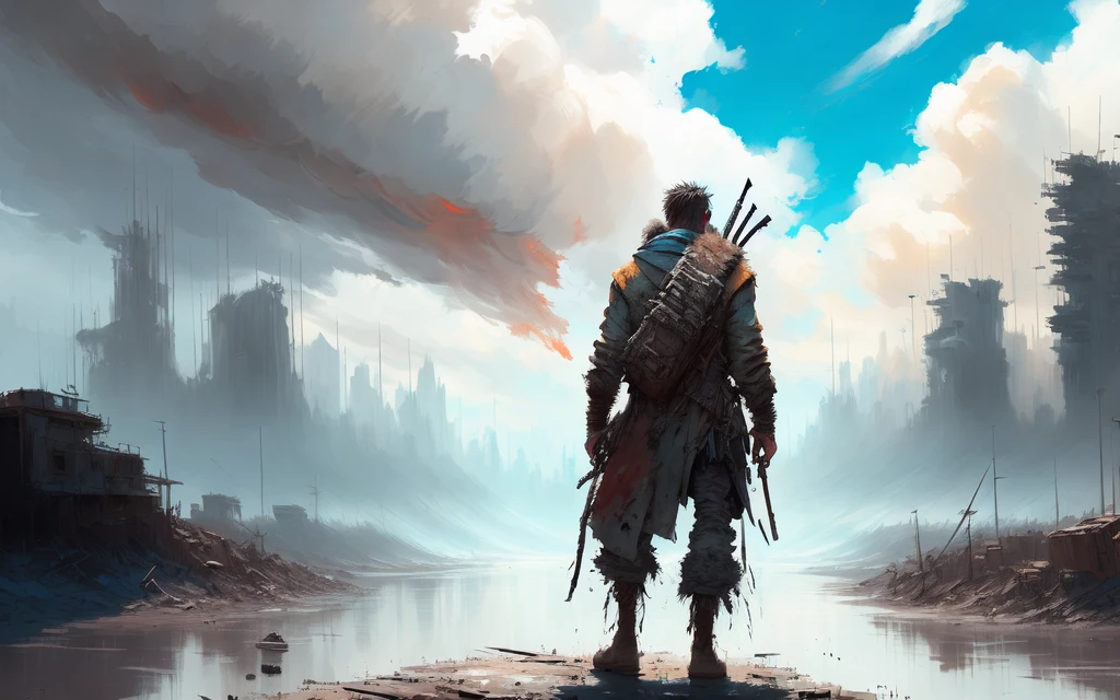drybrush speed painting of a lone rugged survivor in front of a vast post-apocalyptic city, paint brush strokes+, epic composition, moody
