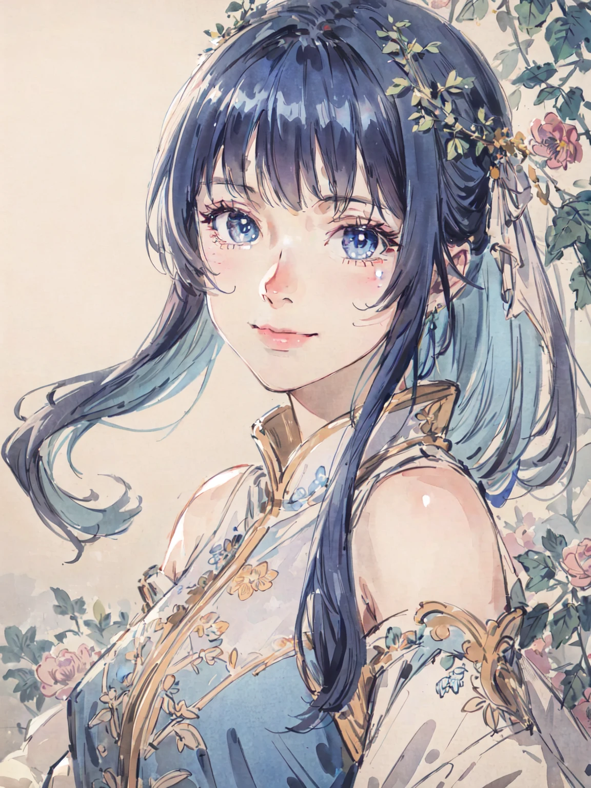 (ultra high res,photorealistic,realistic,best quality, realistic),
(high detailed skin,visible pores),
(8k, raw, best quality, masterpiece)
BREAK
ru_qun, hanfu, best quality, masterpiece, extremely detailed, anime, 1girl, short girl, (blue hair, blue eyes:1.4), long hair, smile, tulle clothes, silk clothes, embroidery accessory, chinese knots, happy, smile, closed mouth, blue flower vines, gems, gold accessory,
BREAK