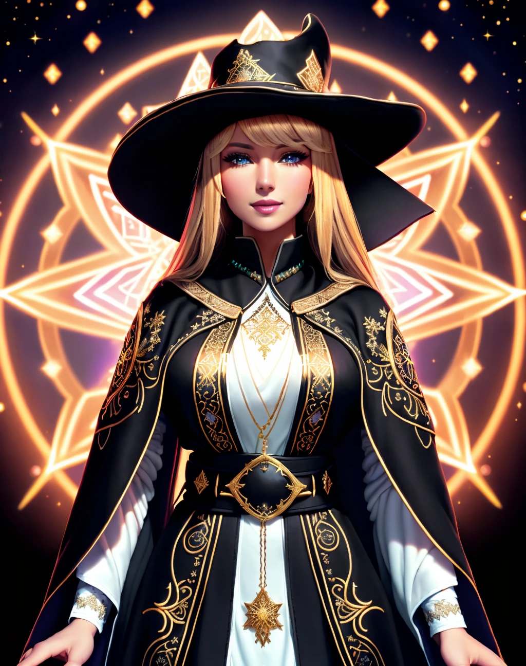 Masterpiece, 4K, highly detailed, magic, fantasy universe, final fantasy xiv black mage, beautiful woman wearing mage_glam,blonde hair, (final fantasy black mage robes and hat, black gloves, beautiful mage robe with superb golden runes embroidery, magical runes:1.2), casting a spell,(upper body closeup:1.3), smiling at the viewer, dark haired black mage, extreme amount of detail, analog style, magical glowing colors, symmetric, centered, closeup, feminine, athletic, fit, narrow waist, high, contrasted colors, realistic body proportions, realistic, photo-realistic, 8k, highly detailed, led light, laser lights,fruit-flavored, (thepit bimbo:0.5), glossy,anatomically correct, symmetrical anatomy, high fantasy castle background, pixies,<lora:Mage_Glam:0.355>,