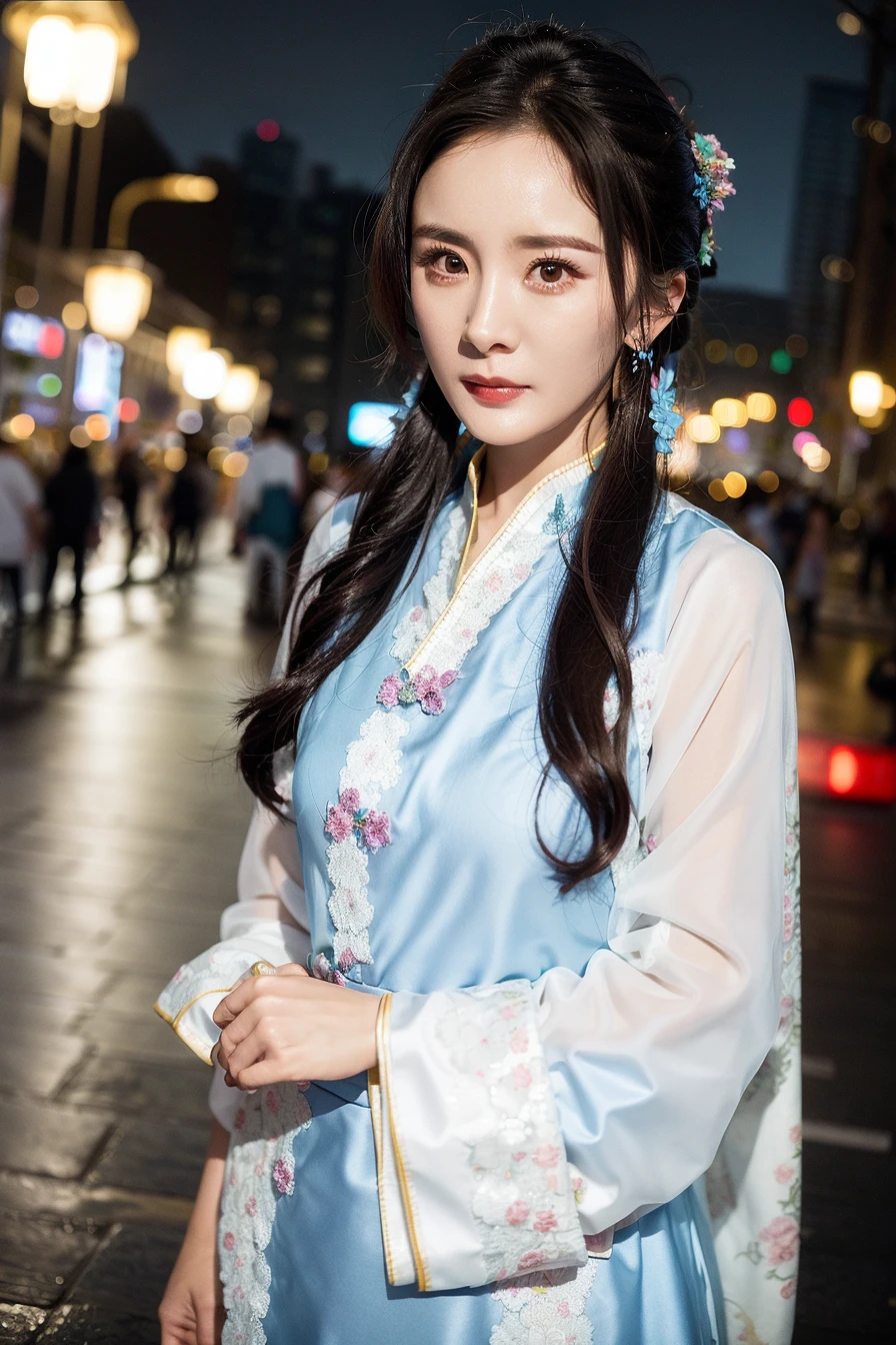 (yangmi), 1girl, standing in the street at night, extremely detailed face, upper body, hanfu,