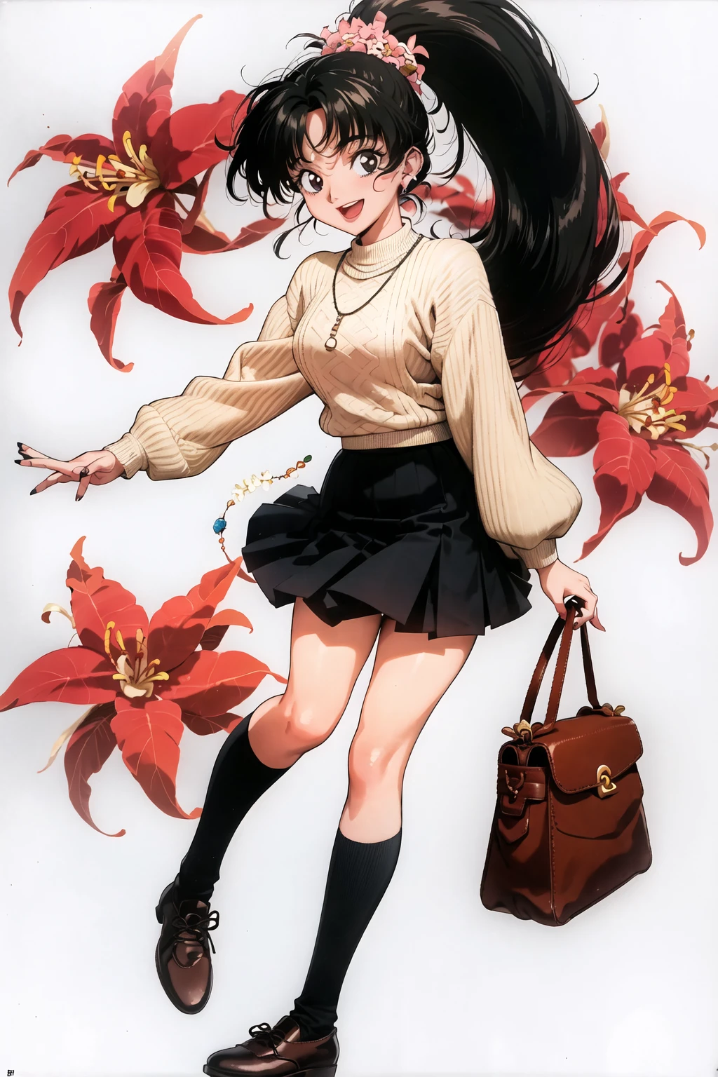 1990s \(style\), 1girl, bag, bird, black eyes, black hair, brown footwear, flower, jewelry, lily \(flower\), long hair, long sleeves, necklace, open mouth, orange shirt, pleated skirt, ponytail, ribbed sweater, shoes, skirt, smile, solo, sweater