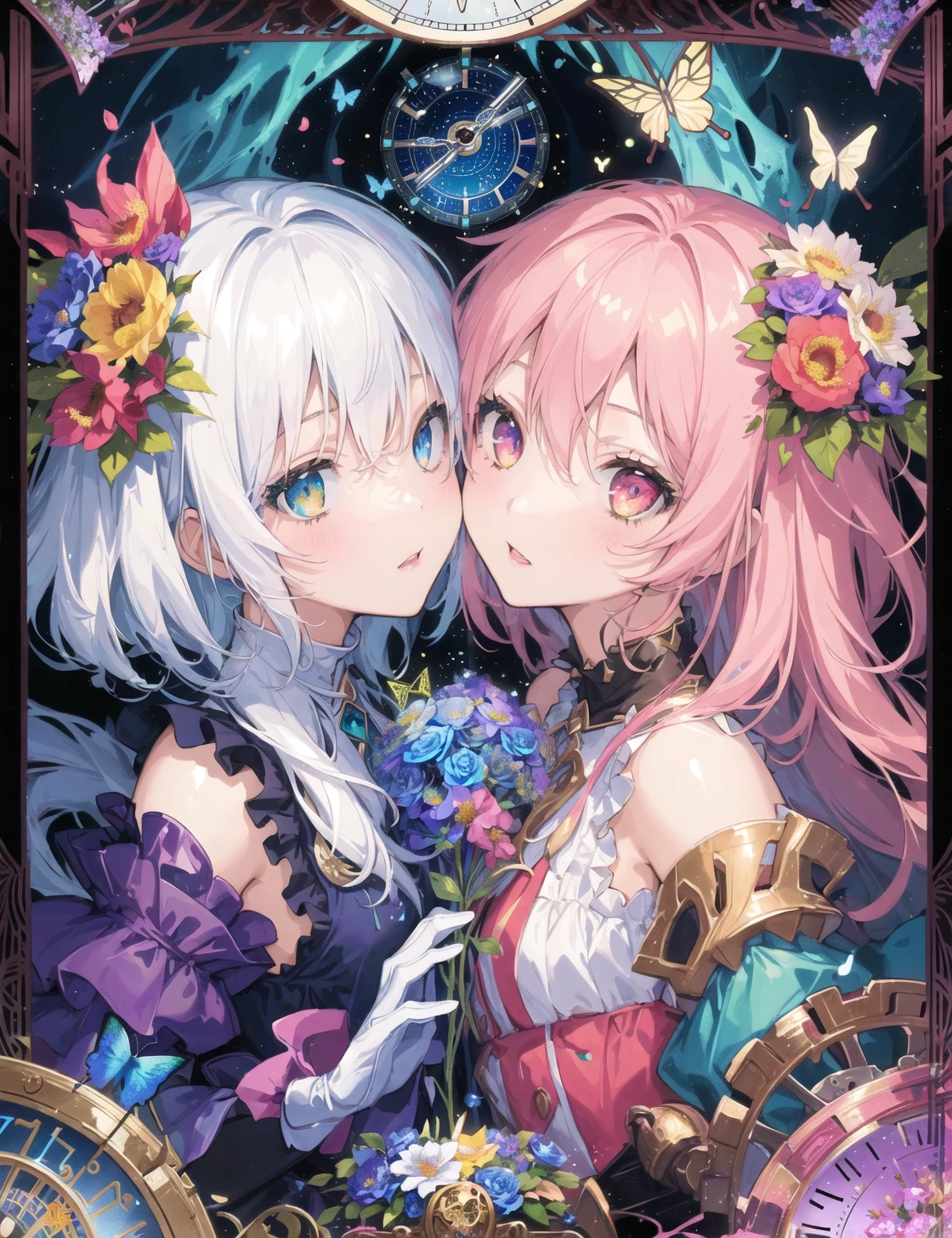 2girls,girl1 and girl2,(kiss),symmetrical,(gril1:lightpink hair),(gril2:white hair ),symmetry,((Flowers with human eyes, Flower eyes)), double exposure, fussion of Fluid abstract art,glitch, (2D), (Original illustration composition), (fusion of limited color,Maximalism artstyle,Geometric artstyle,Butterflies,Junk art) ,((Classic decorative border)),(((Tarot Border))),(((gear clock Magic Circle))),, masterpiece, best quality,best quality, highres, original, extremely detailed wallpaper