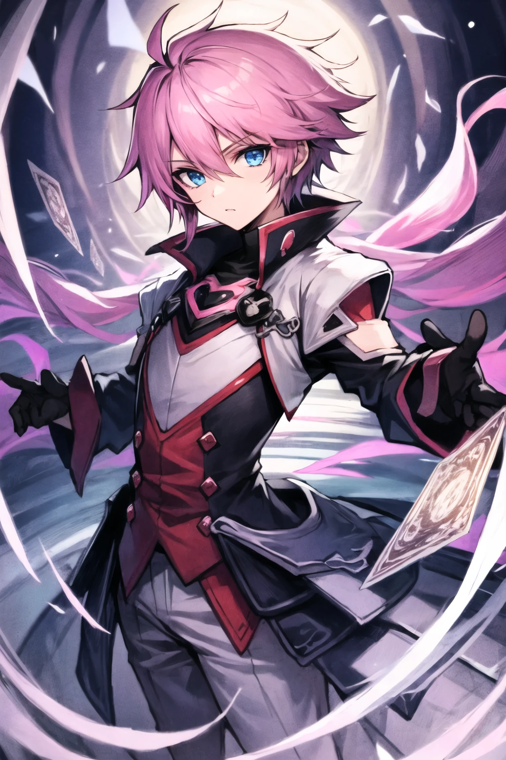 <lora:tradingCardsMultiple_v1:.4> 1boy, male focus, solo, blue eyes, pink hair, looking at viewer, futuristic, illustration, trading card style,