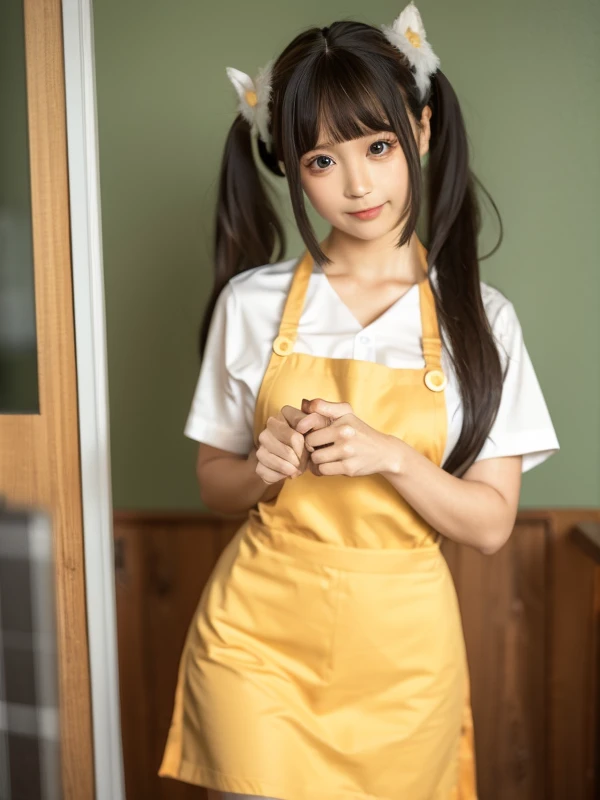 Ultra High Resolution, (Realistic: 1.4), RAW Photo, Best Quality, (Photorealistic), Focus, Soft Light, ((15 years old)), ((Japanese)), (Front, Young Face))), (Depth of Field), (One Piece), Masterpiece, (Photoreal), Woman, Bangs, (( apron, hair over one eyes, 1 Girl))