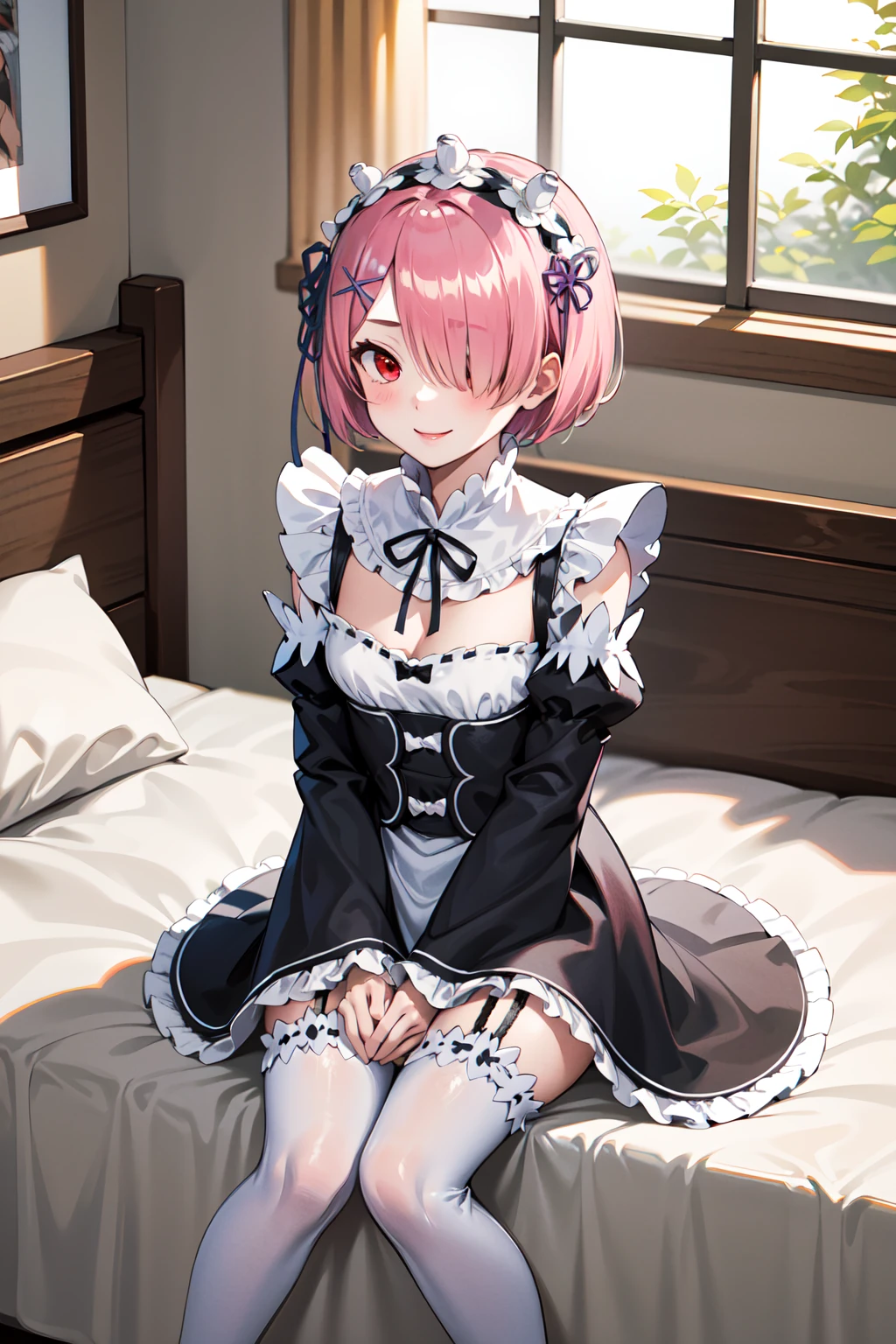 masterpiece, best quality, highres, ram1, 1girl, solo, ram \(re:zero\), pink hair, white thighhighs, short hair, red eyes, hair over one eye, ribbon trim, hair ribbon, x hair ornament, frills, maid headdress, waist apron, garter straps, black ribbon, small breasts, long sleeves, white apron, neck ribbon, purple ribbon, wide sleeves, hair flower, <lora:ram_rezero_v1:0.6>, smile, bed, hands on own knees, standing, own hands together,