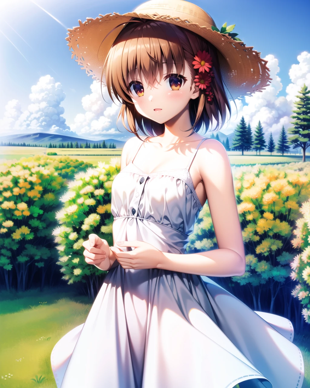 ((masterpiece)), ((best quality)), ((highres)), ((extremely detailed CG unity 8k wallpaper)), solo, modest breasts, <lora:furukawa nagisa:1>, furukawa nagisa, ahoge, white sundress, sun hat, flower field, sunny