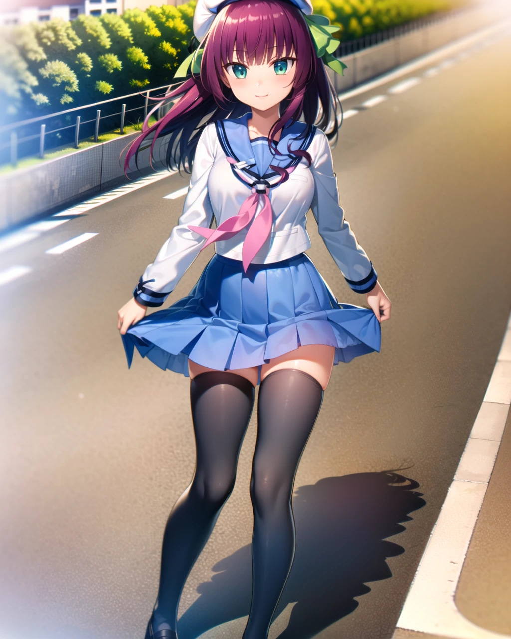 ((masterpiece)), ((best quality)), ((highres)), ((extremely detailed CG unity 8k wallpaper)), solo, school rooftop, (black stockings), confident smile, medium breasts, <lora:nakamura yuri:1>, nakamura yuri, white school uniform, lavender skirt, white beret with green ribbon