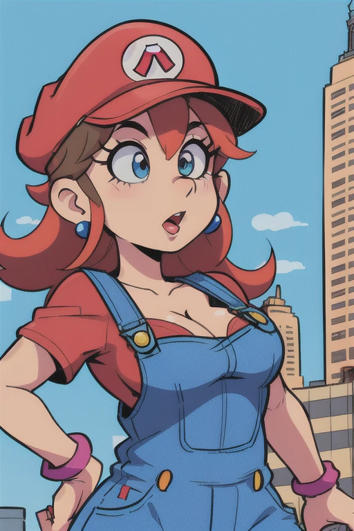 <lora:SuperMario:0.4>
1girl as supermario in blue overalls and a red tshirt, running in new york city, skyscrapers, hat, 80's anime style, cleavage