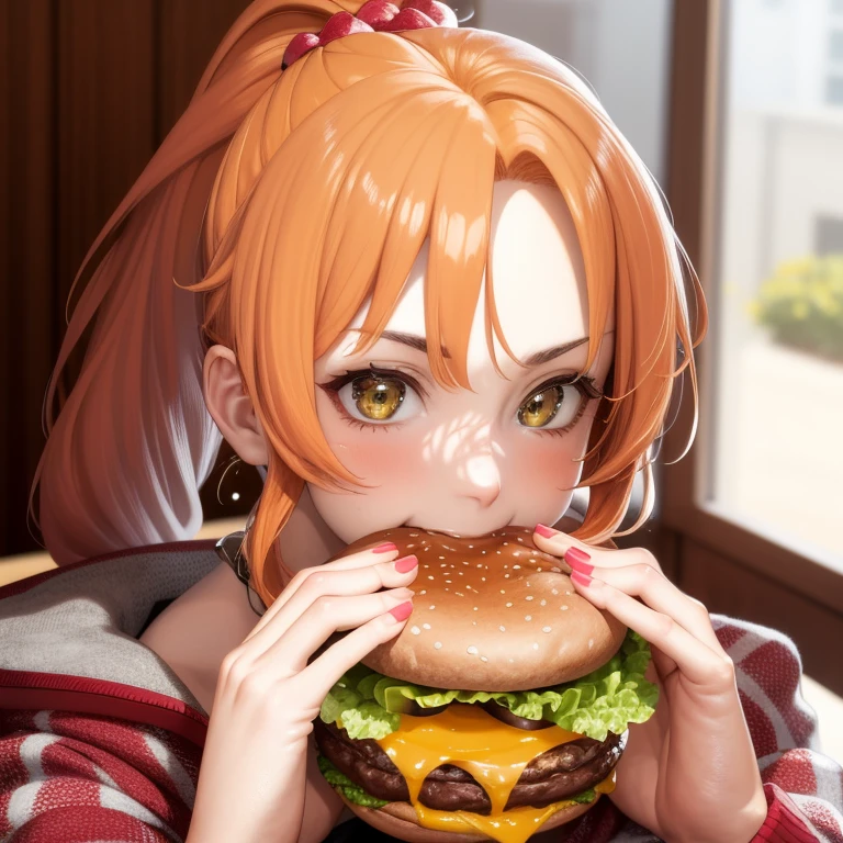 masterpiece, realistic, hyperrealistic, perfect face, 1girl, orange hair, ponytail, close-up, two-handed burger, holding a huge burger with both hands, eating