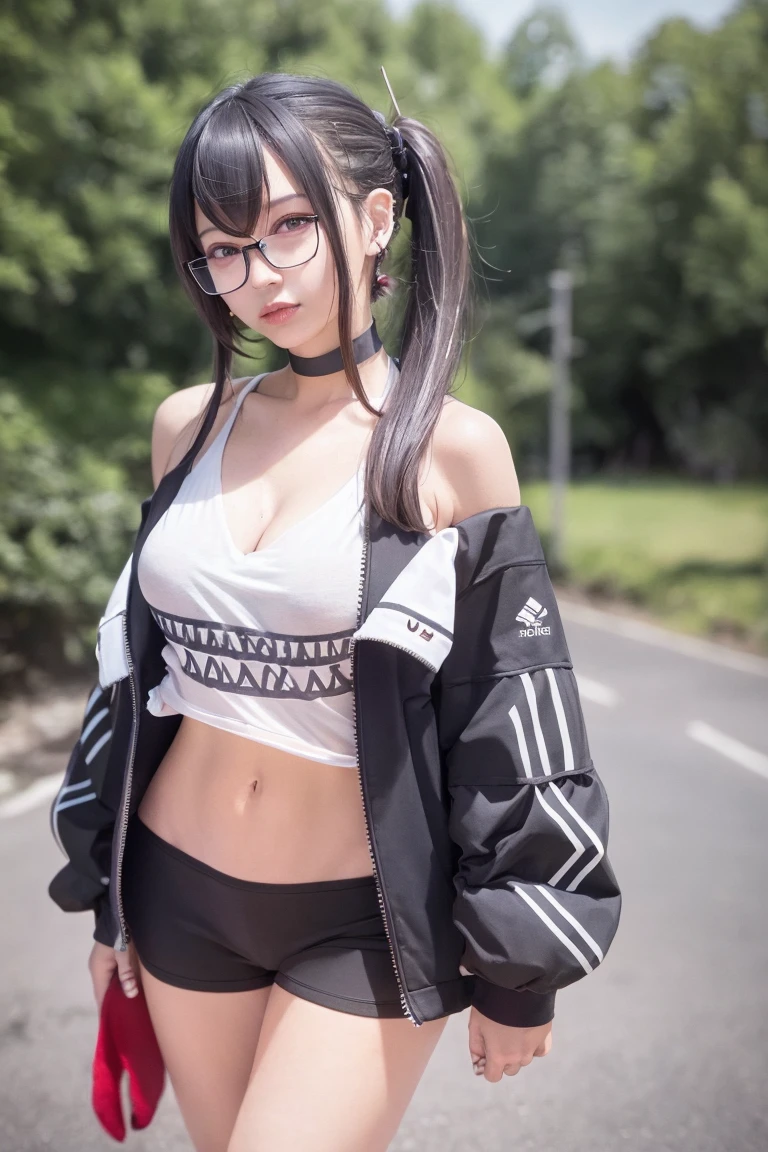 <lora:U47v2.0:0.8>,u47\(azur lane\),glasses,side ponytail, shorts,black  jacket, cleavage, navel,  collarbone,choker, off_shoulder,crop_top, outdoors, looking at viewer,, 8yk,raw photo, High Detail,(ray tracing),(masterpiece), (best quality), highres,(realistic:1.4),ultra detailed, physically-based rendering,