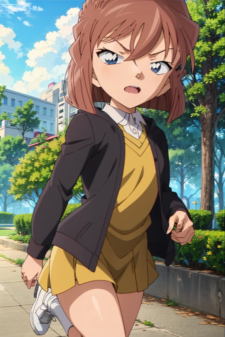 haibaratv,1girl,anime screencap,brown hair,short hair,collared shirt,skirt,outdoors,running,upper body, blue jacket, serious,
<lora:haibaratv:0.8>