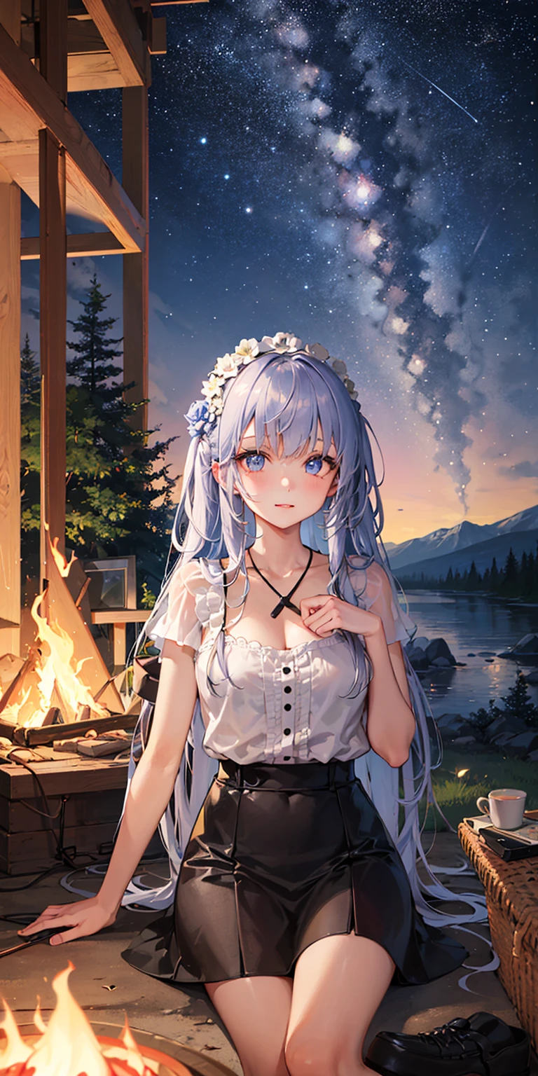 ((masterpiece,best quality)),(negative space),(1girl),beautiful detailed eyes,night sky, starry sky, campfire, camping,