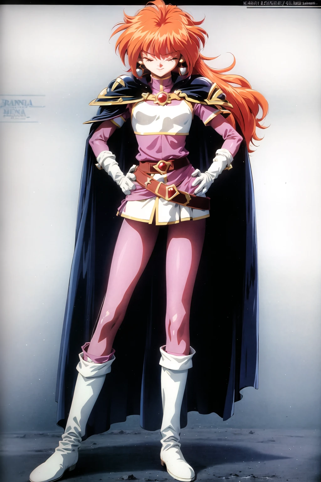 1990s \(style\), 1girl, armor, boots, cape, closed eyes, earrings, gloves, hand on hip, hands on hips, jewelry, lina inverse, long hair, orange hair, shoulder armor, solo, white footwear