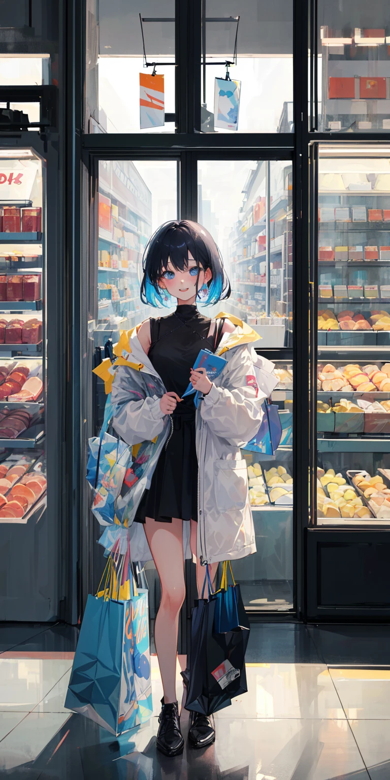 ((masterpiece,best quality)),(negative space),(1girl),beautiful detailed eyes,colorful:1.1, contemporary,vivid color, shopping, window shopping, happy,
