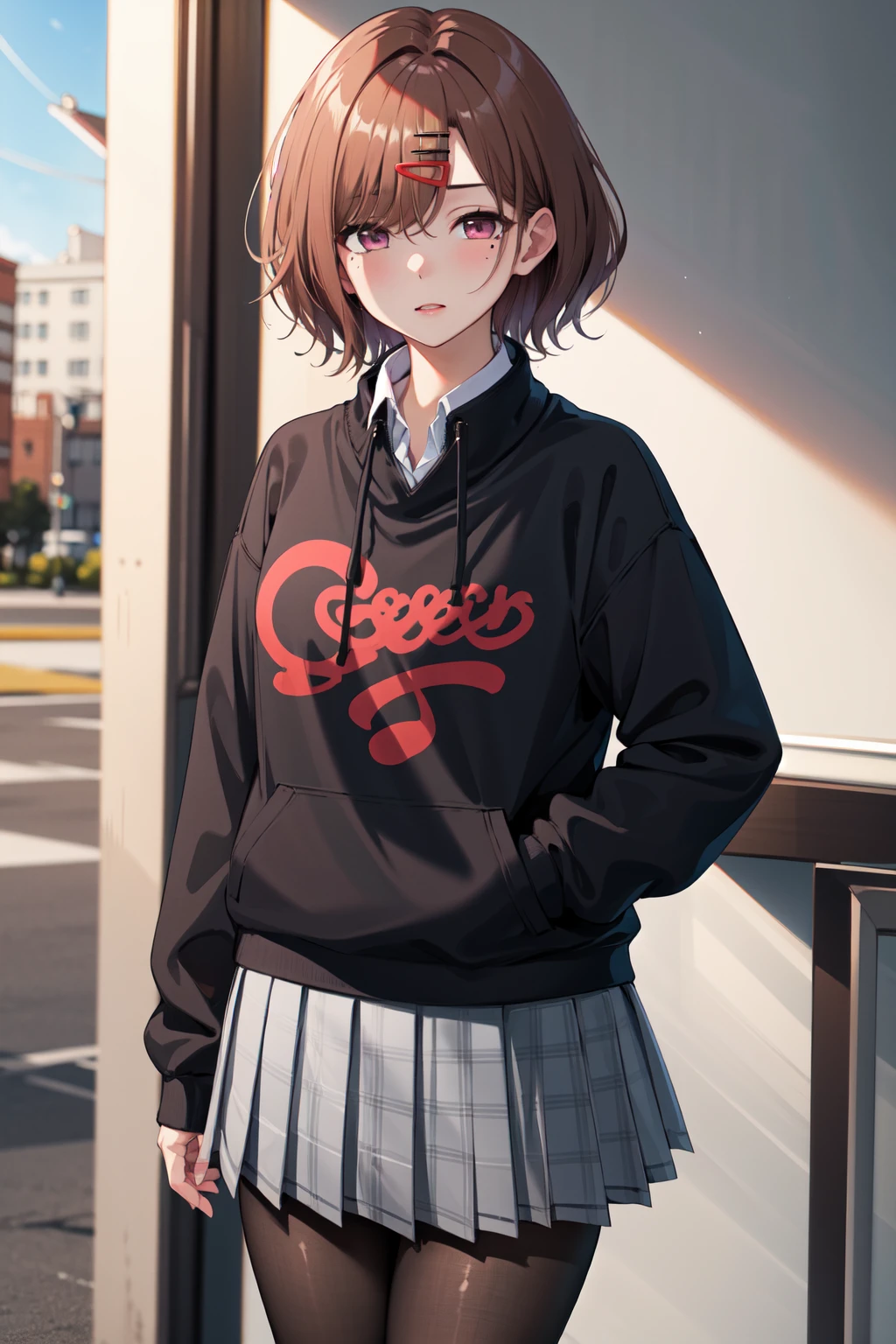 best quality, highres, 1girl, higuchi madoka, pantyhose, skirt, brown hair, mole under eye, mole, hair ornament, hairclip, pleated skirt, short hair,, long sleeves, bangs, sweater, miniskirt, black sweater, black pantyhose, grey skirt, collared shirt, purple eyes, <lora:higuchi_madoka_V10:0.6>, cowboy shot,